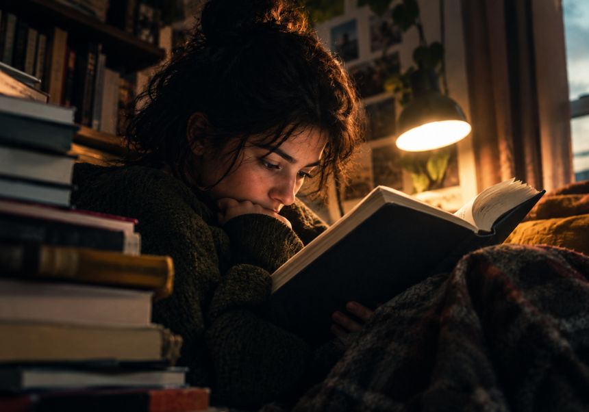 Xica fent lectura nocturna. Imatge generada amb IA.